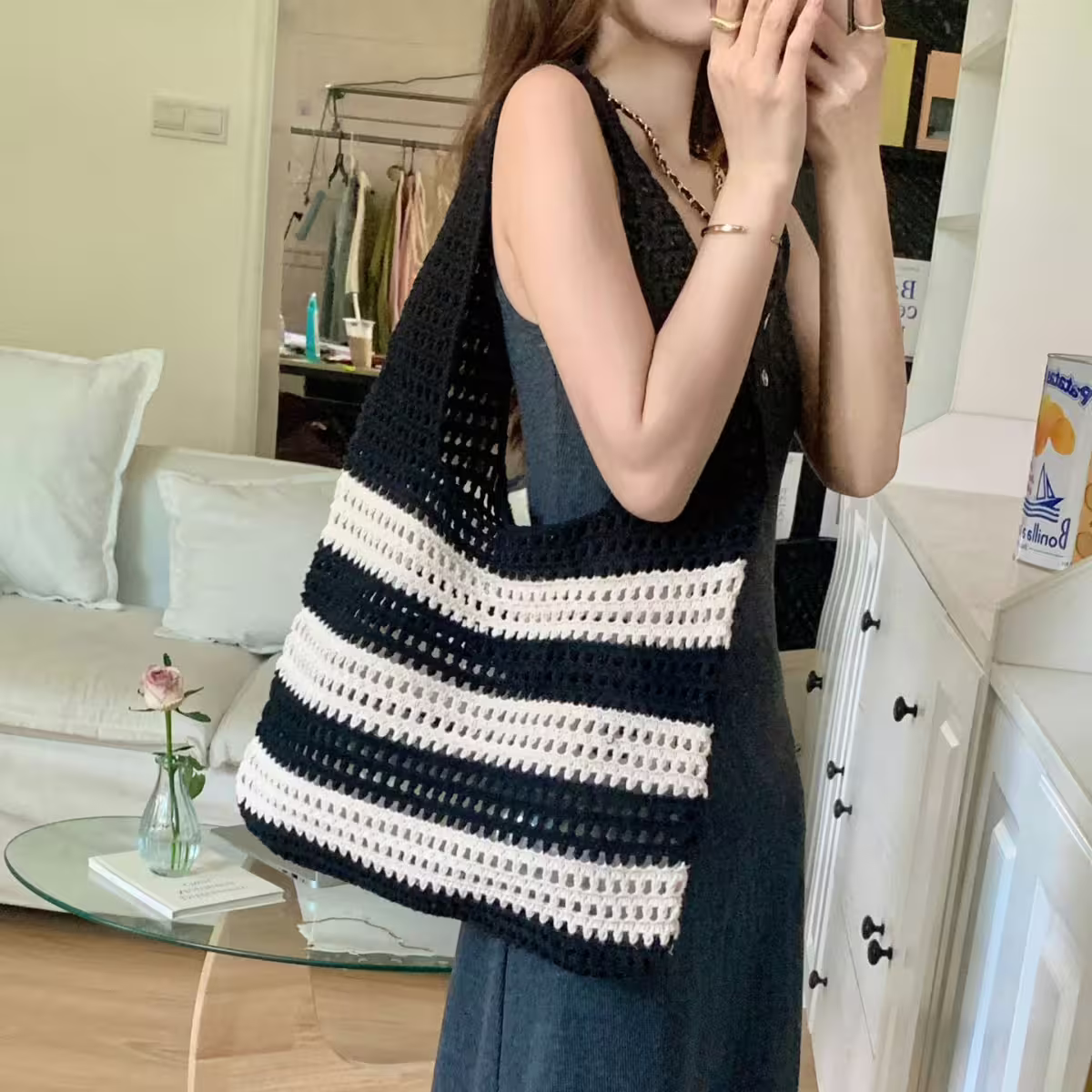 條紋拼接鏤空針織×肩背包×黑色-第6張