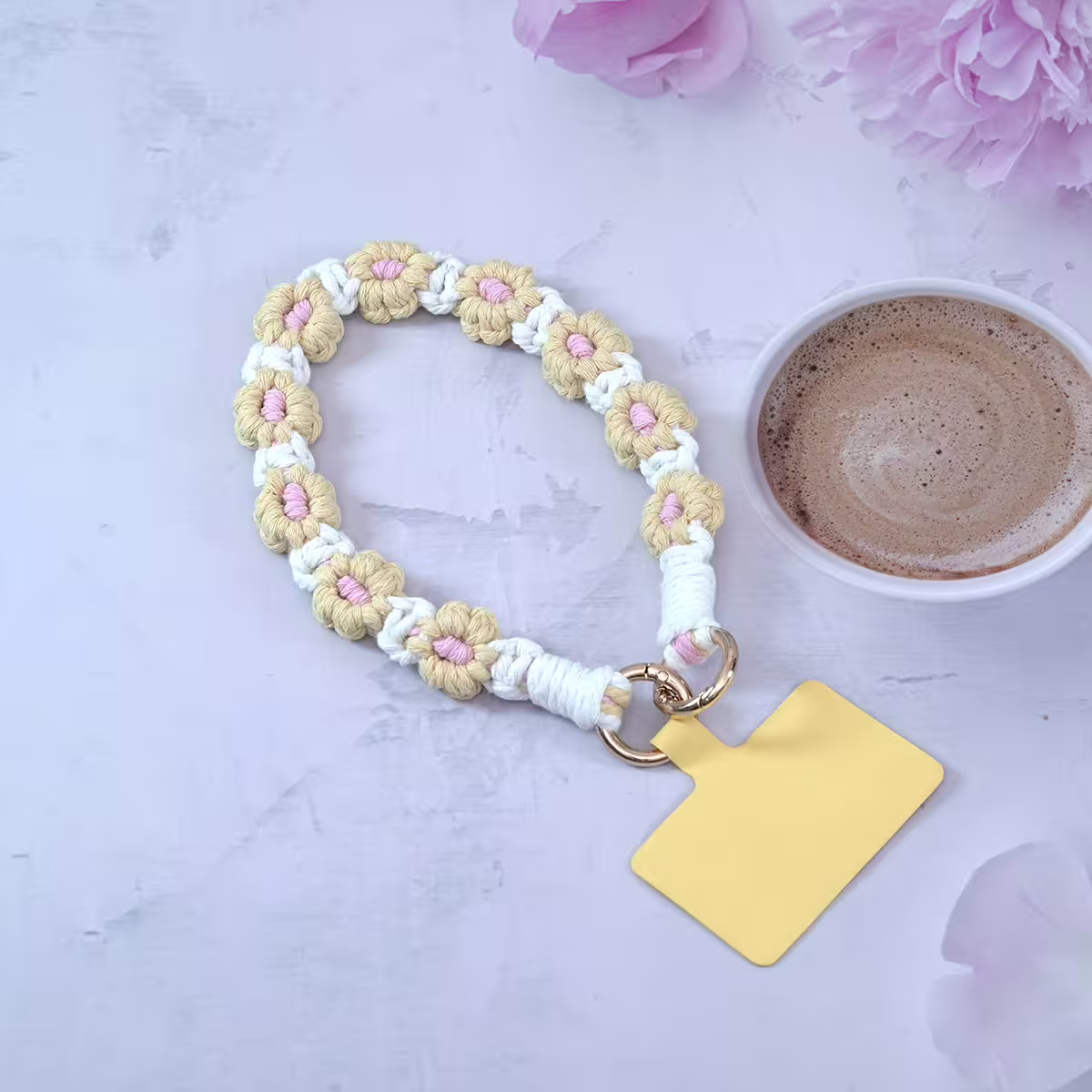 小花朵編織×手機腕帶掛繩×白黃-第1張