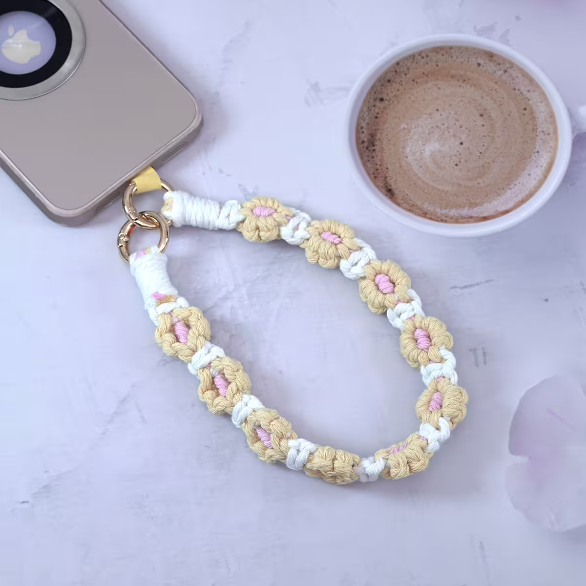 小花朵編織×手機腕帶掛繩×白黃-第2張