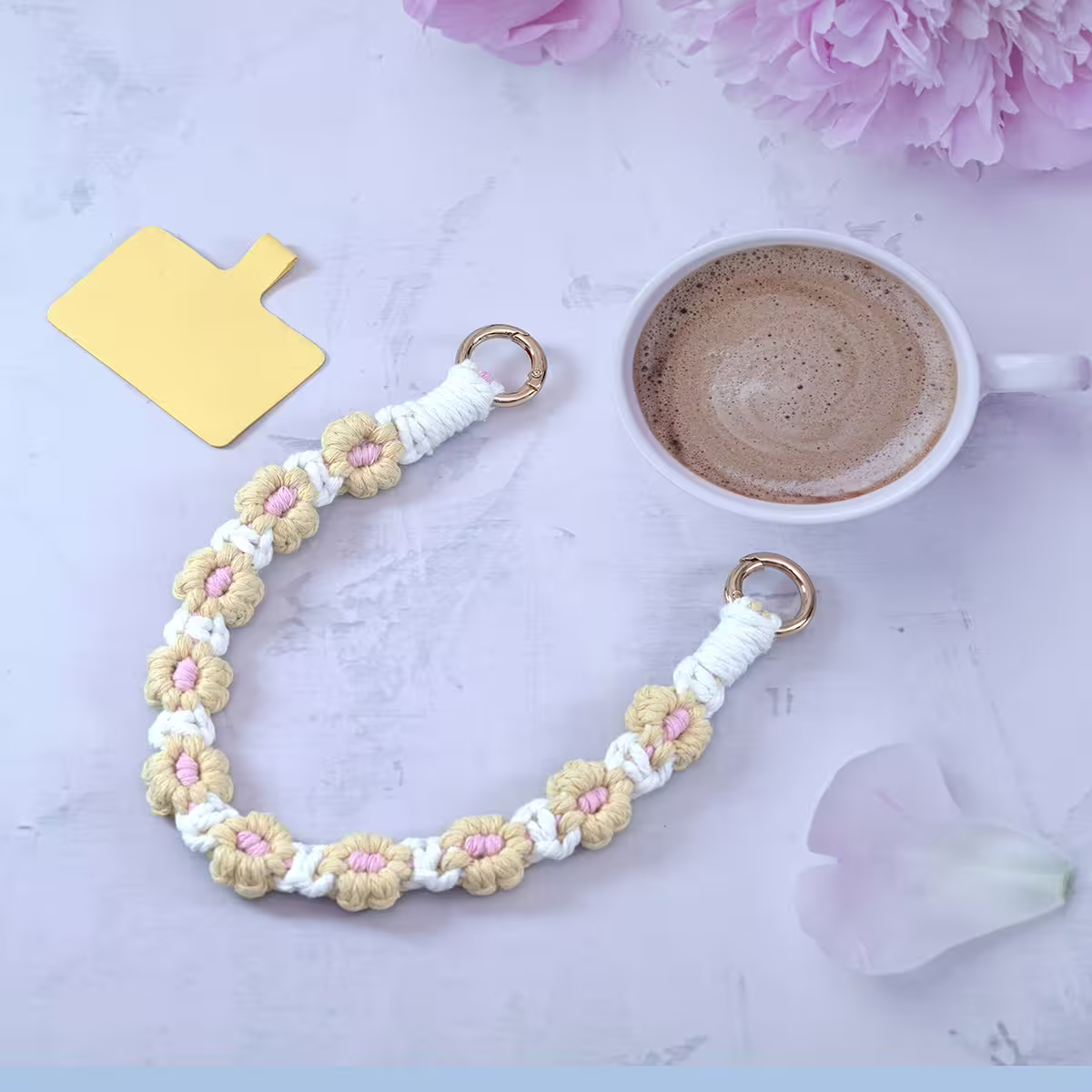 小花朵編織×手機腕帶掛繩×白黃-第5張