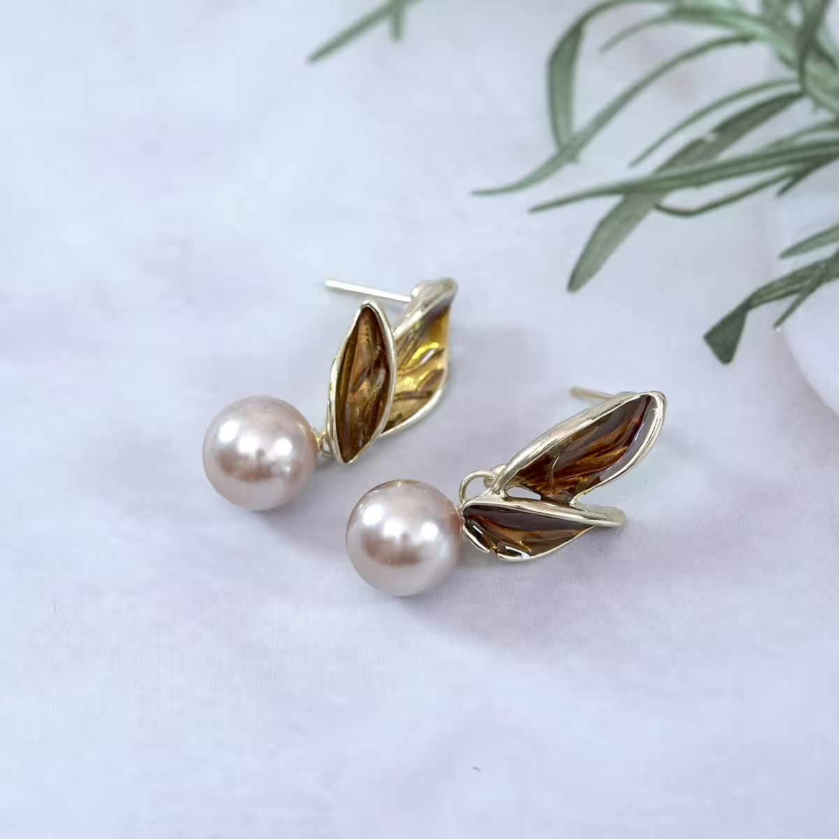森系棕咖樹葉珠珠×吊墜耳環-第2張