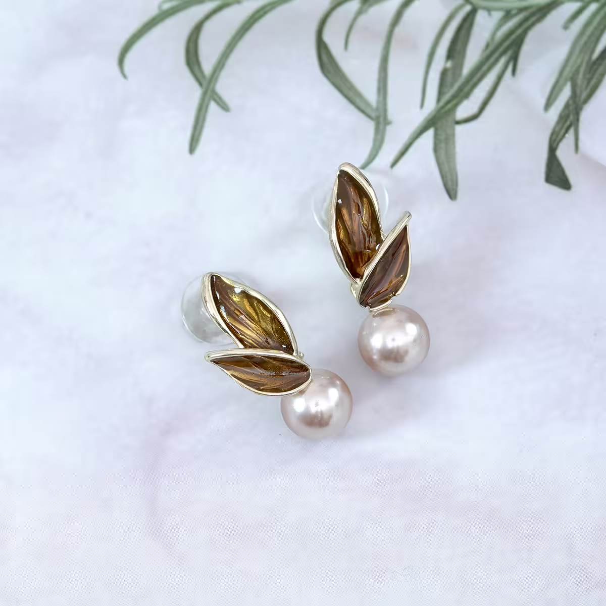 森系棕咖樹葉珠珠×吊墜耳環-第3張
