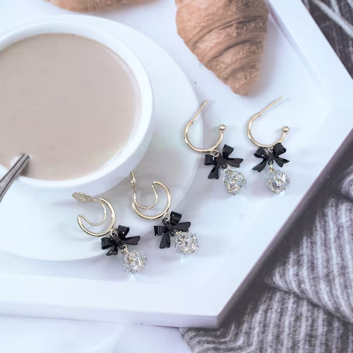 黑領結C字輕奢晶鑽球×吊墜耳環-第5張