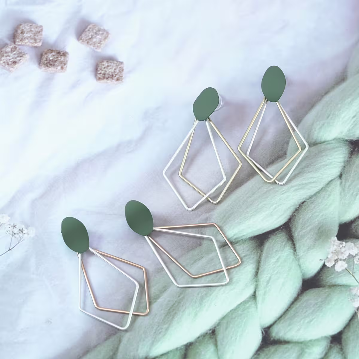 綠點雙色長菱形×吊墜耳環-第5張