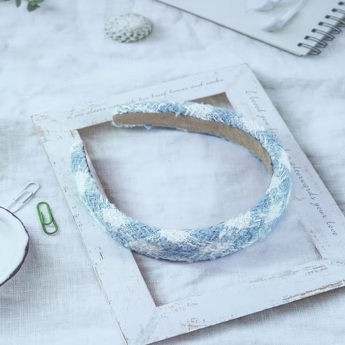 藍白菱紋小香風毛呢×髮箍-第1張