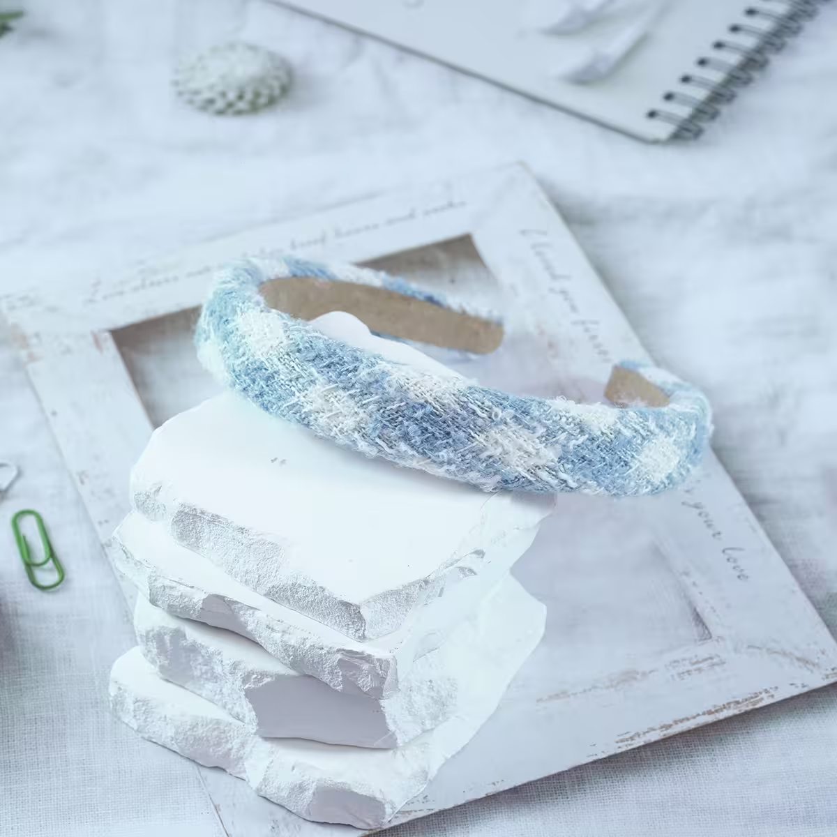 藍白菱紋小香風毛呢×髮箍-第2張