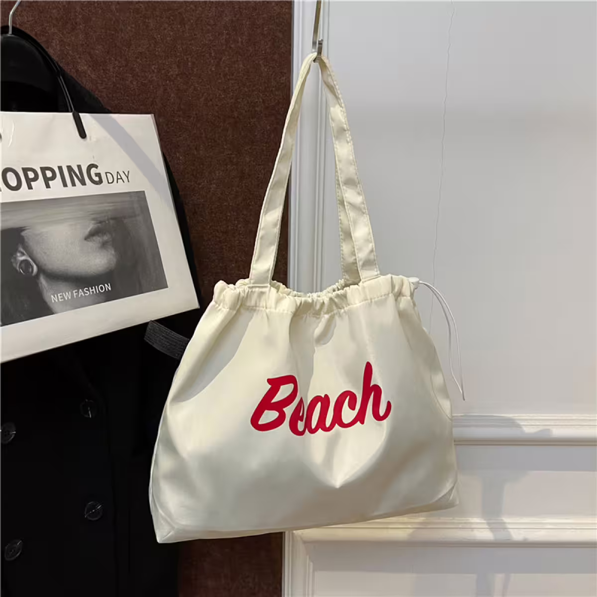 尼龍字母沙灘包×肩背包×白色-第3張