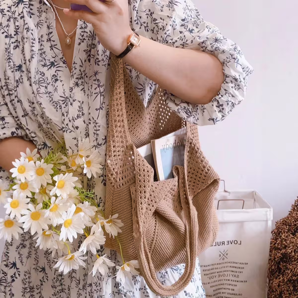 素色M型鏤空針織×肩背包×白色-第5張