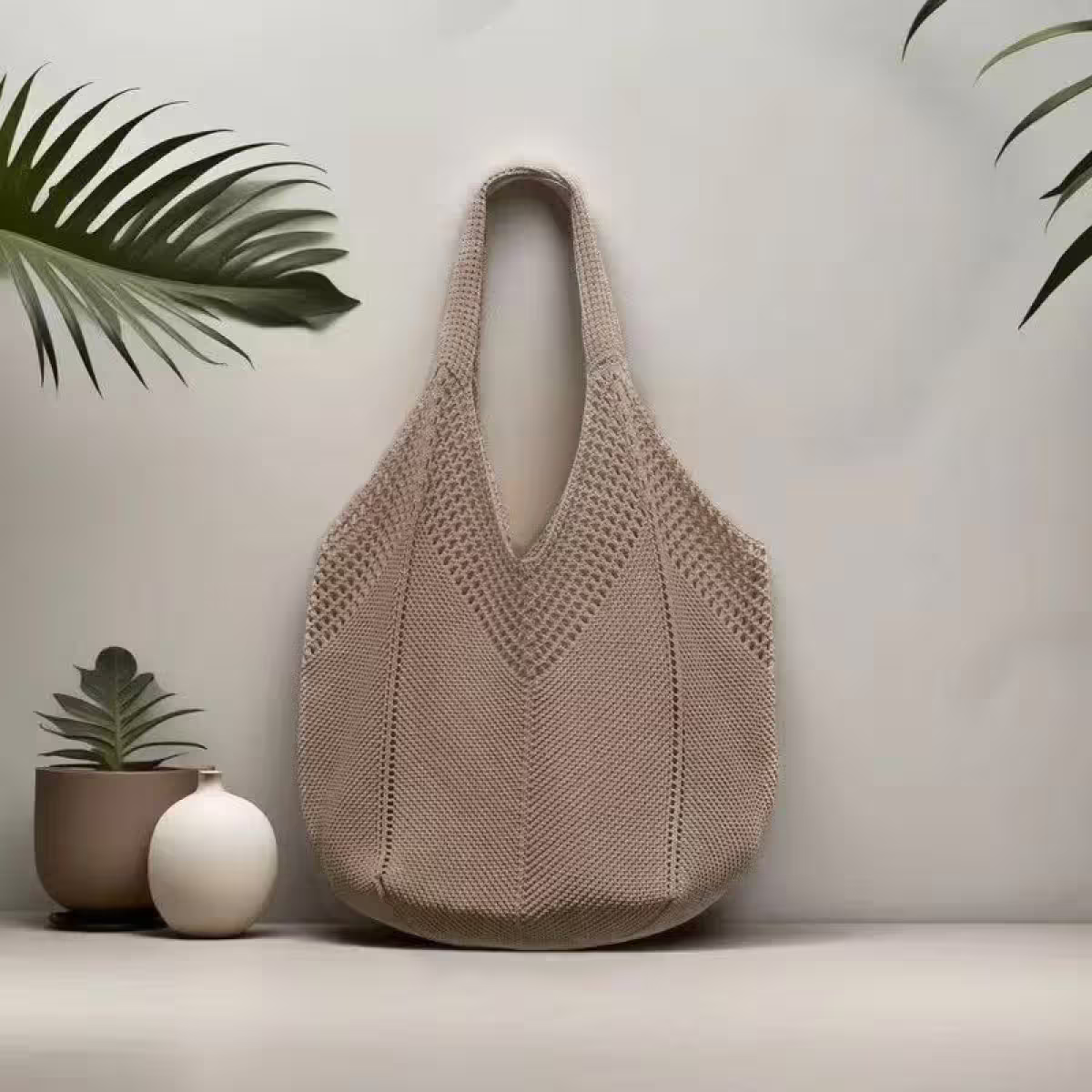 素色M型鏤空針織×肩背包×棕咖-第1張