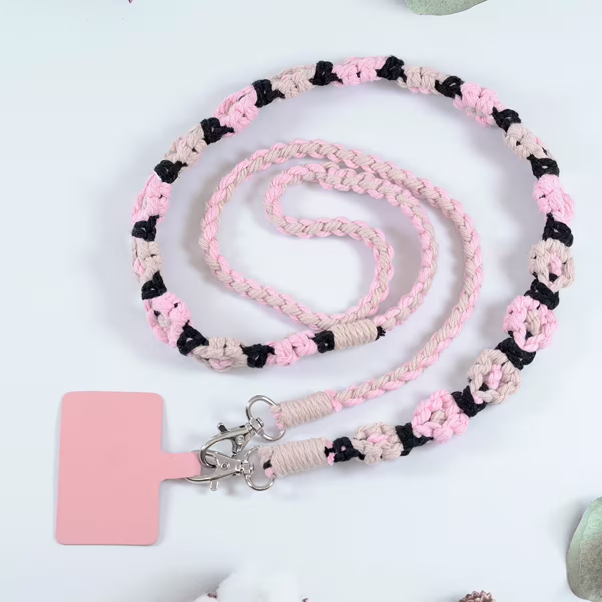 粉黑花朵辮子雙拼×手機斜背雙勾掛繩-第2張