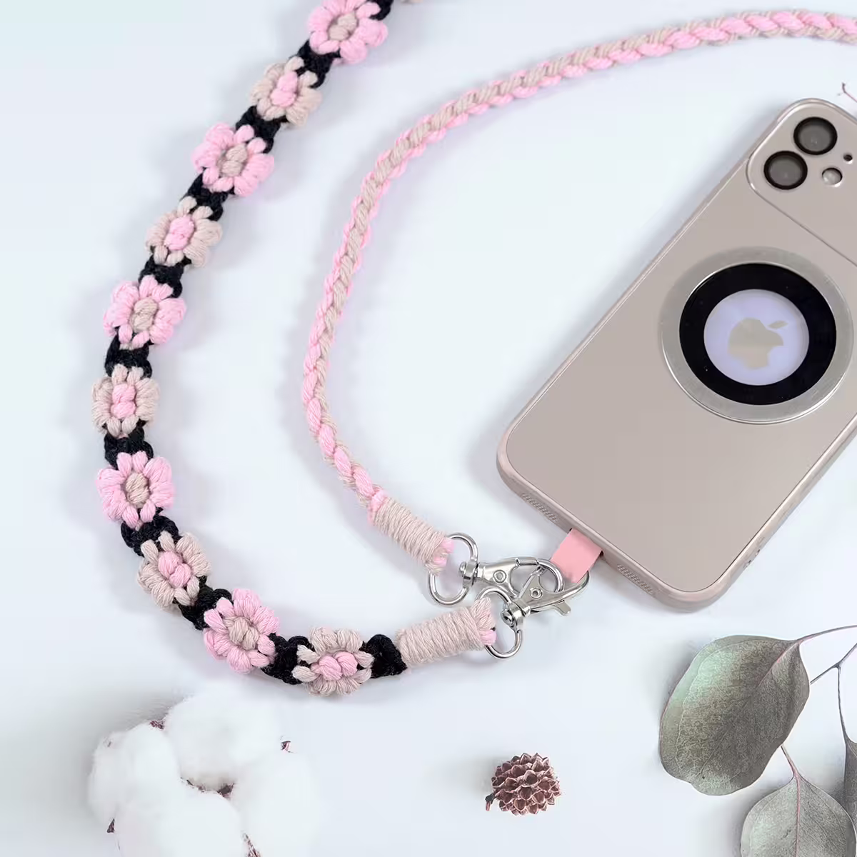 粉黑花朵辮子雙拼×手機斜背雙勾掛繩-第3張