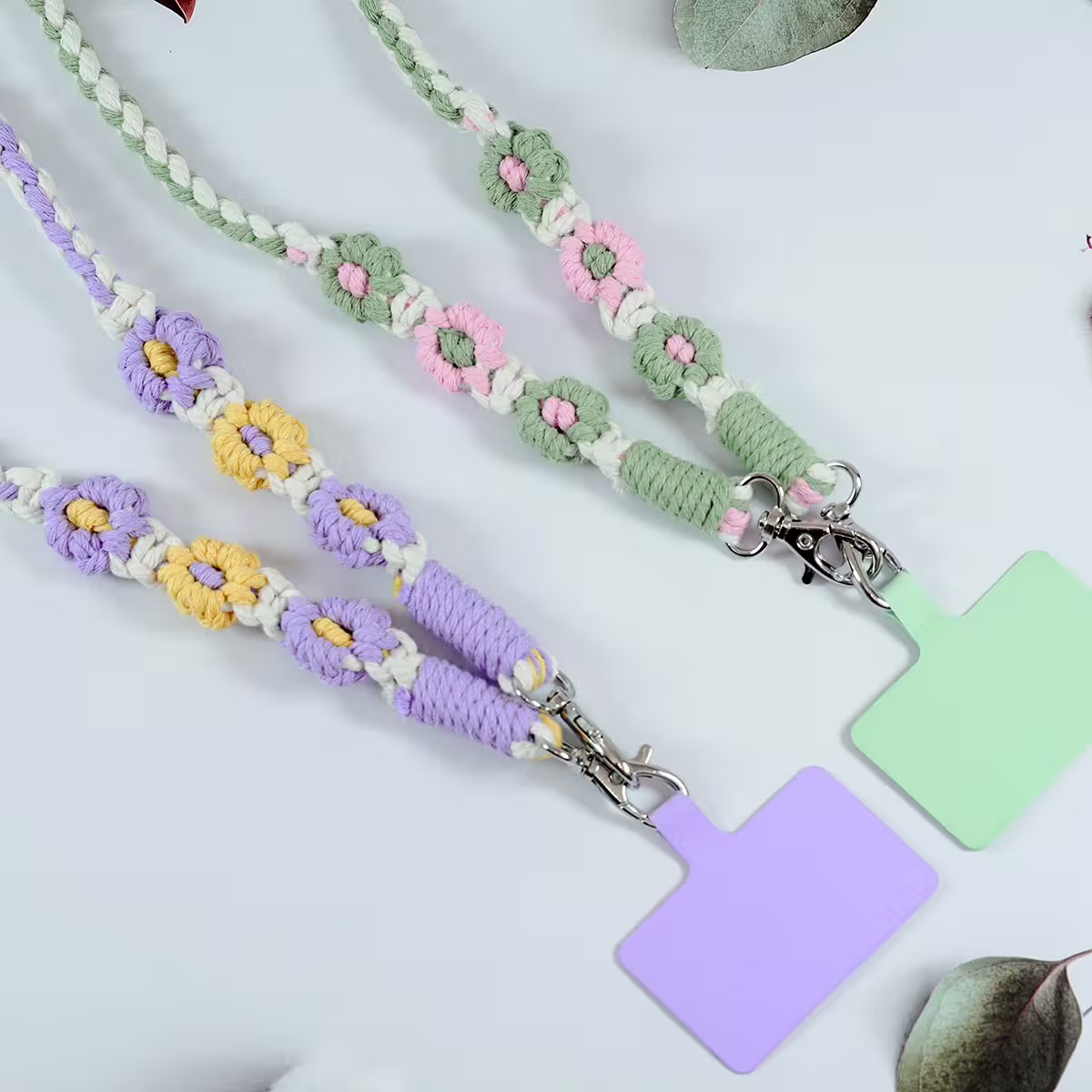 粗麻辮小花朵×手機斜背雙勾掛繩×綠粉-第4張