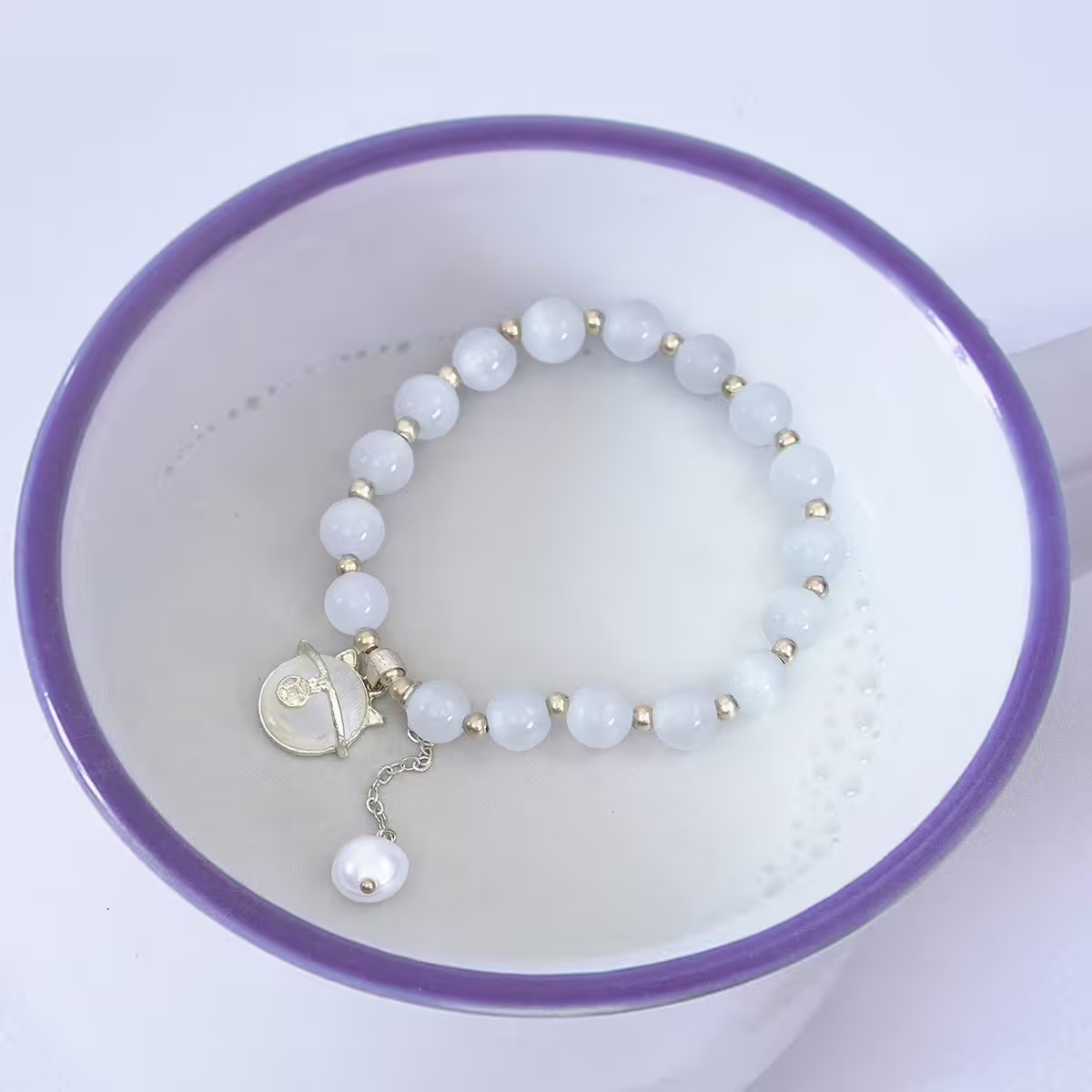 白貓眼石招財貓×固定式串珠手鍊-第1張