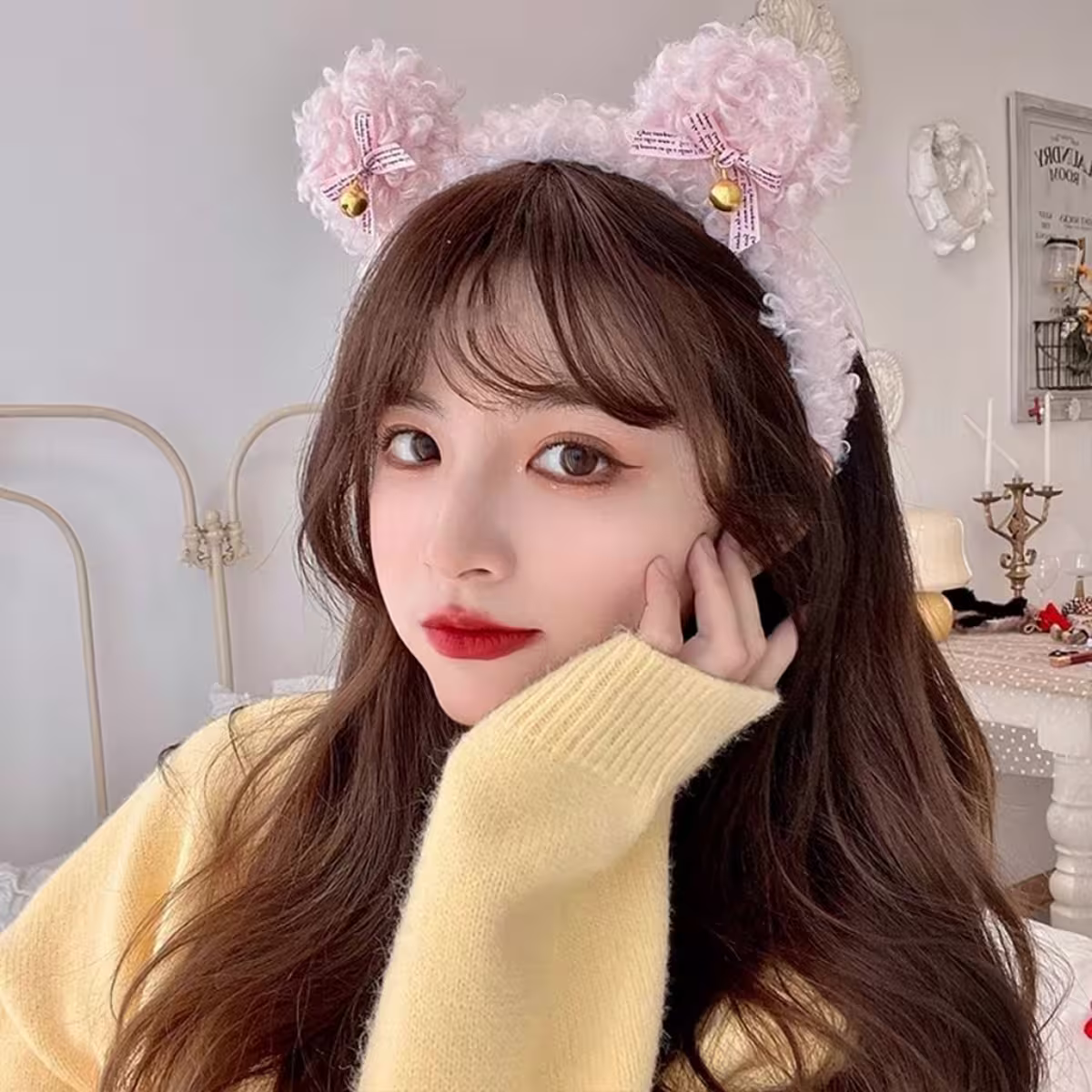 羊羔毛鈴鐺蝴蝶結熊耳×髮箍×共三色-第5張