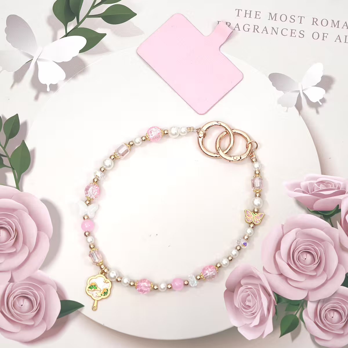 粉紅團扇蝴蝶&times;手機腕帶掛繩-第1張