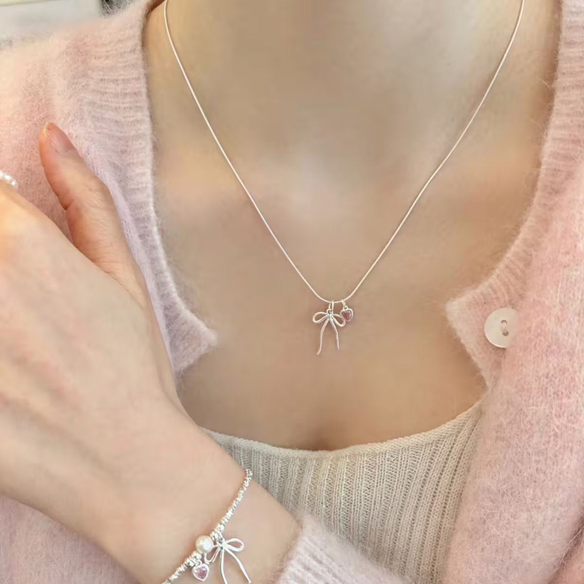 925銀飾&times;蛇骨蝴蝶結粉心&times;鎖骨項鍊-第6張