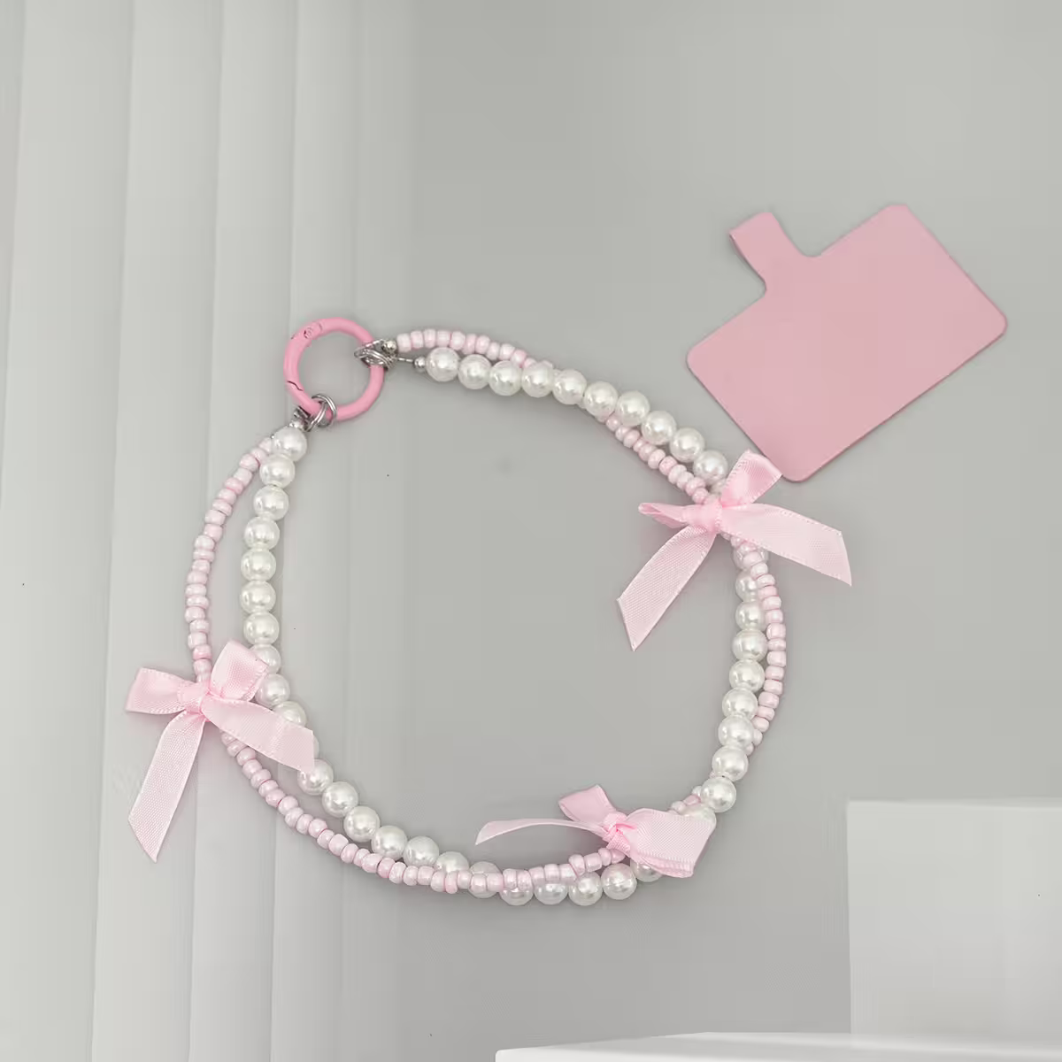 芭蕾風蝴蝶結珍珠&times;雙層手機腕帶掛繩&times;粉色-第1張