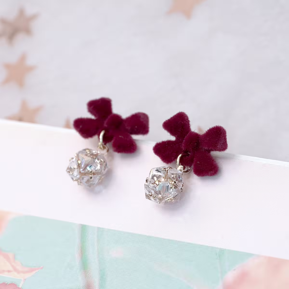 植絨蝴蝶結晶鑽球&times;吊墜耳環-第1張