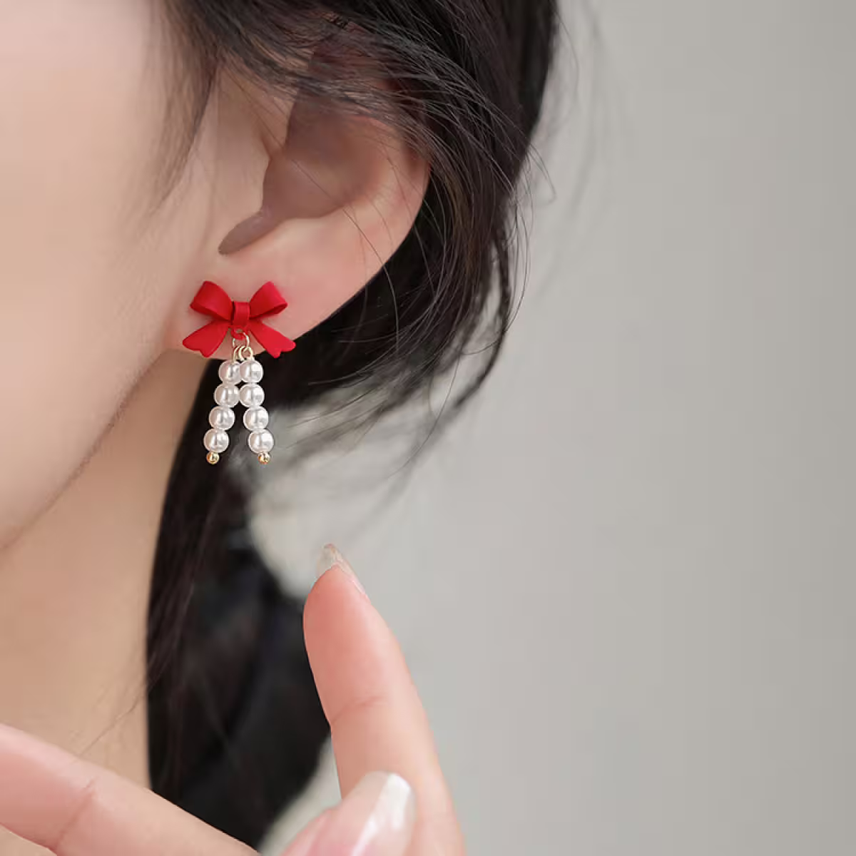 蝴蝶結鈴鐺珍珠串&times;不對稱蚊香盤U型耳夾-第5張