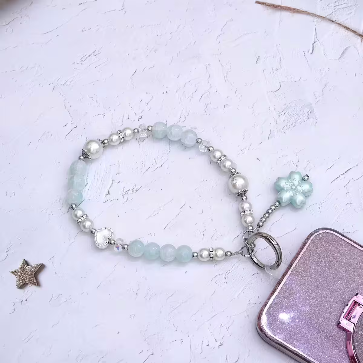 貓眼石琉璃小花&times;手機腕帶掛繩&times;藍綠-第5張