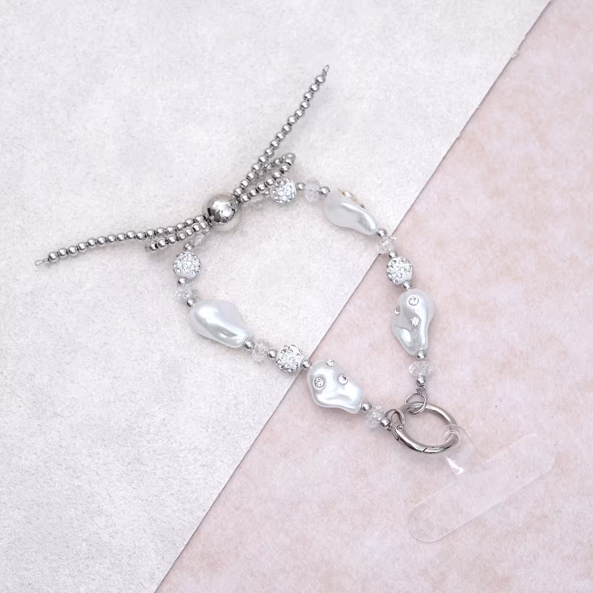 銀珠蝴蝶結珍珠&times;手機腕帶掛繩-第1張