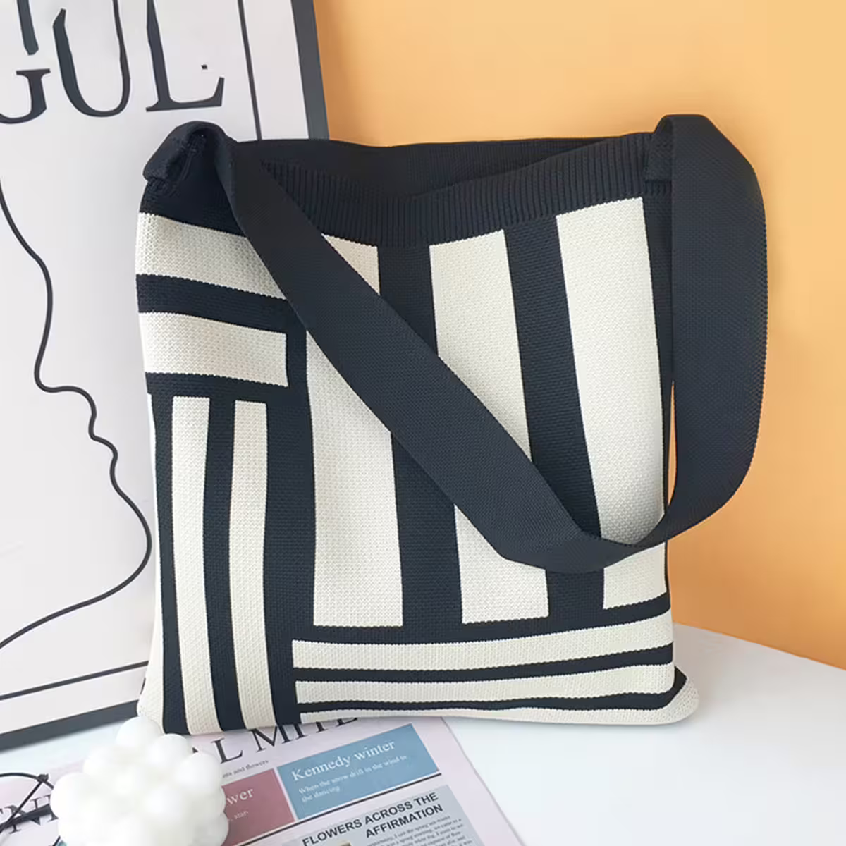 黑白線條&times;針織&times;單肩背包-第2張