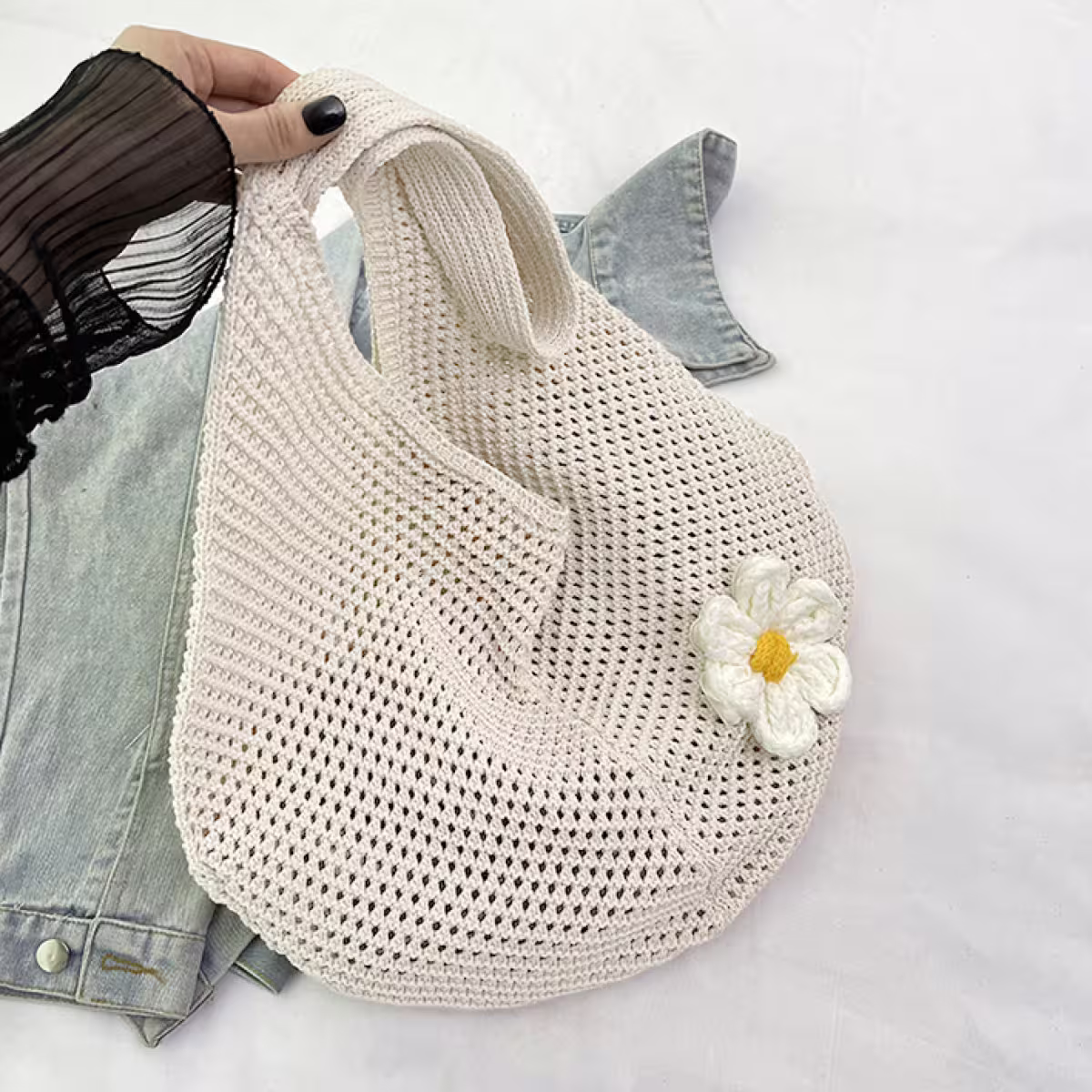 慵懶小花針織&times;肩背包&times;白色-第3張