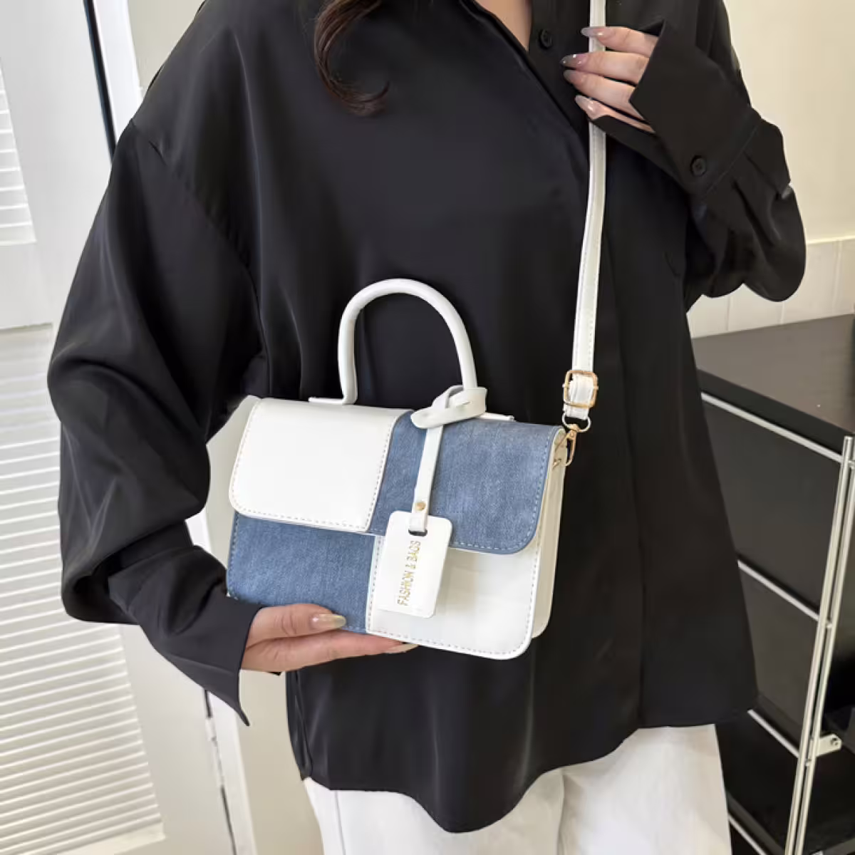 牛仔單寧皮革撞色&times;斜背包&times;白色-第5張