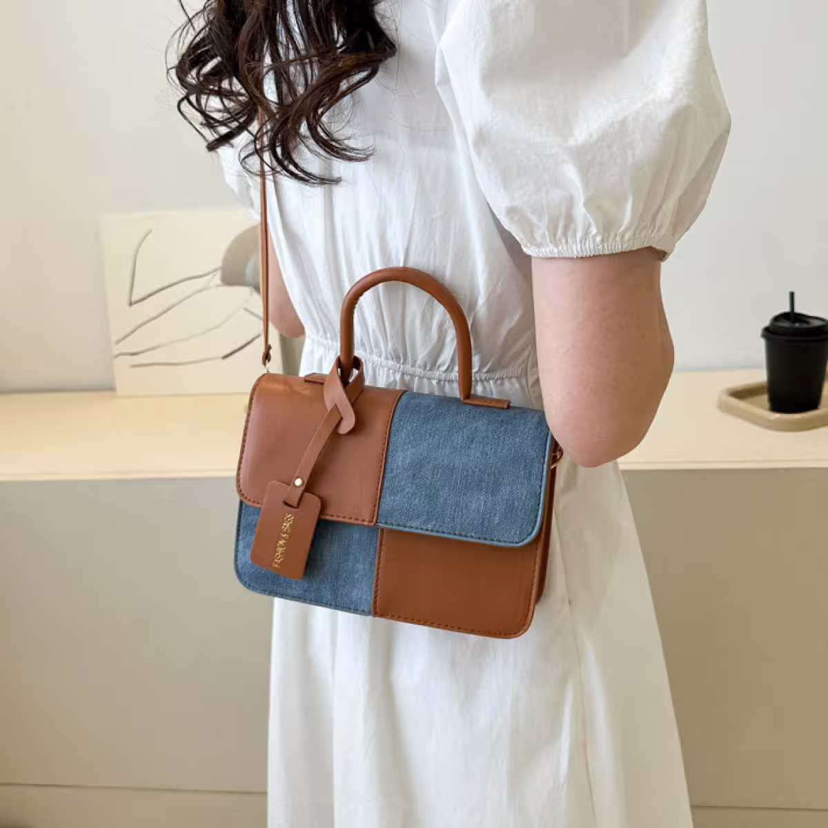 牛仔單寧皮革撞色&times;斜背包&times;棕咖-第4張