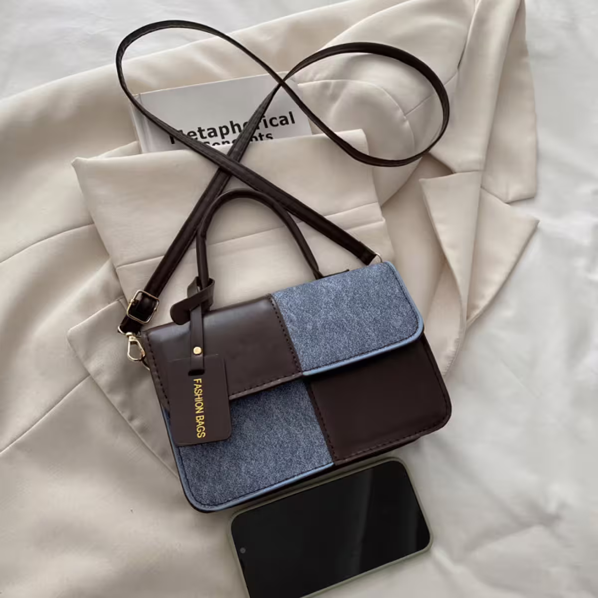 牛仔單寧皮革撞色&times;斜背包&times;深咖-第2張