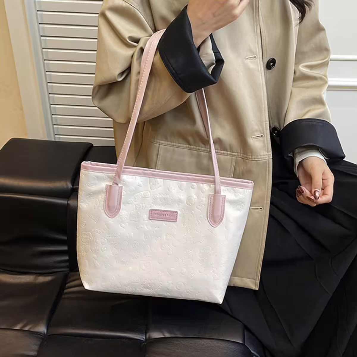 童趣壓紋包邊皮革&times;肩背包&times;粉紅-第4張