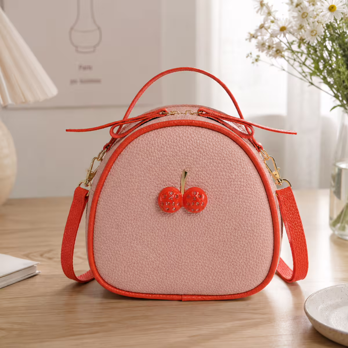 荔枝紋櫻桃迷你包&times;後背包&times;粉紅-第1張
