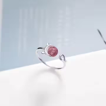 925銀飾×莓晶小貓咪×開口戒指