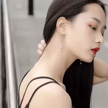 925銀針×晶鑽柳葉垂條×後掛式流蘇耳針