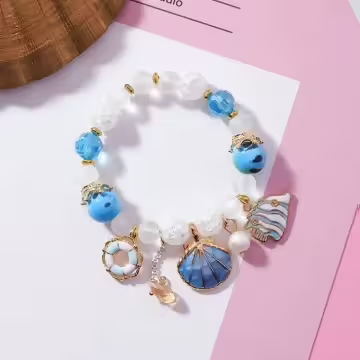 甜美貝殼海洋熱帶魚×固定式串珠手環×透藍