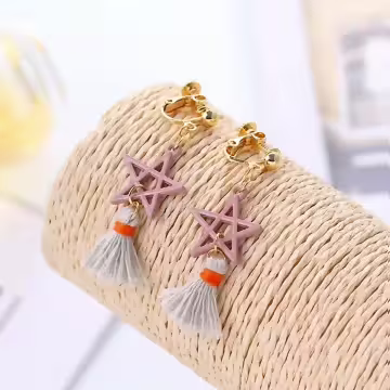 粉紅五角星布藝流蘇×螺旋耳夾