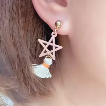 粉紅五角星布藝流蘇×螺旋耳夾