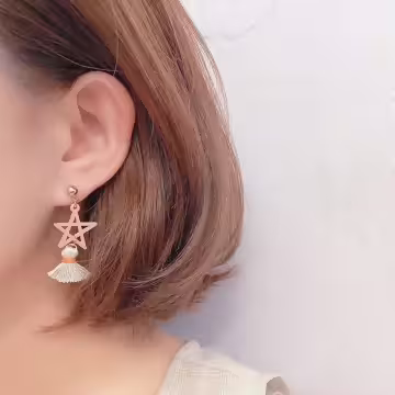 粉紅五角星布藝流蘇×螺旋耳夾