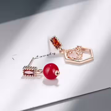 復古六角相思紅豆×不對稱吊墜耳環