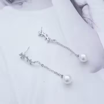 925銀針×花朵枝葉珍珠×流蘇耳針