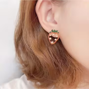 晶鑽草莓紅愛心珍珠×吊墜耳環