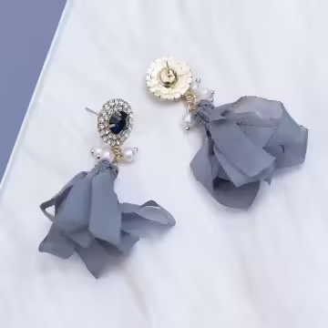 閃鑽灰藍薄紗流蘇×吊墜耳環