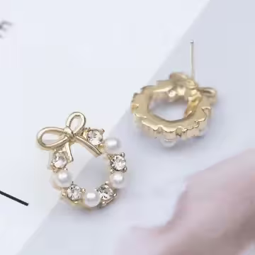 小花圈鑲鑽珍珠×耳環