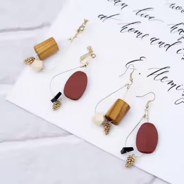幾何木塊小松果×不對稱吊墜耳勾