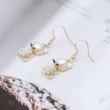 白珍珠小貓咪×吊墜耳勾