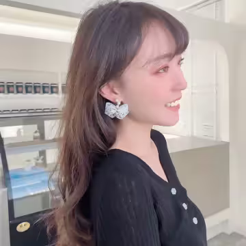 碎花薄紗蝴蝶結珍珠×螺旋耳夾×共二色