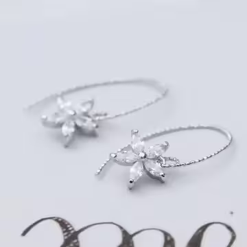 925銀針×鑲鑽五瓣花朵螺紋線勾×耳勾
