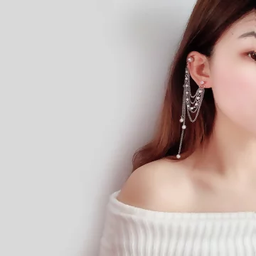好多層垂墜流蘇珍珠水鑽×單邊耳骨吊墜耳環.avif