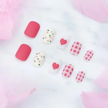 粉桃格子小花霧面×穿戴式手指甲片×二十四入 .avif
