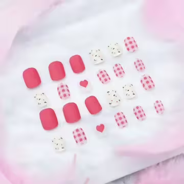 粉桃格子小花霧面×穿戴式手指甲片×二十四入